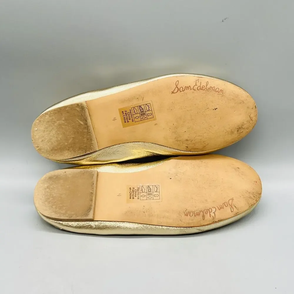 Sam Edelman Shoes Girls 4 Gold Metallic Ballet Flats Bow Slip On Dressy Casual